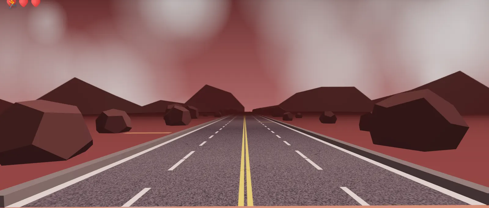 BodyArcade gameplay in the Volcano world: a low-poly road runs between dark red rocks toward the horizon, with the run progress bar and score overlay.
