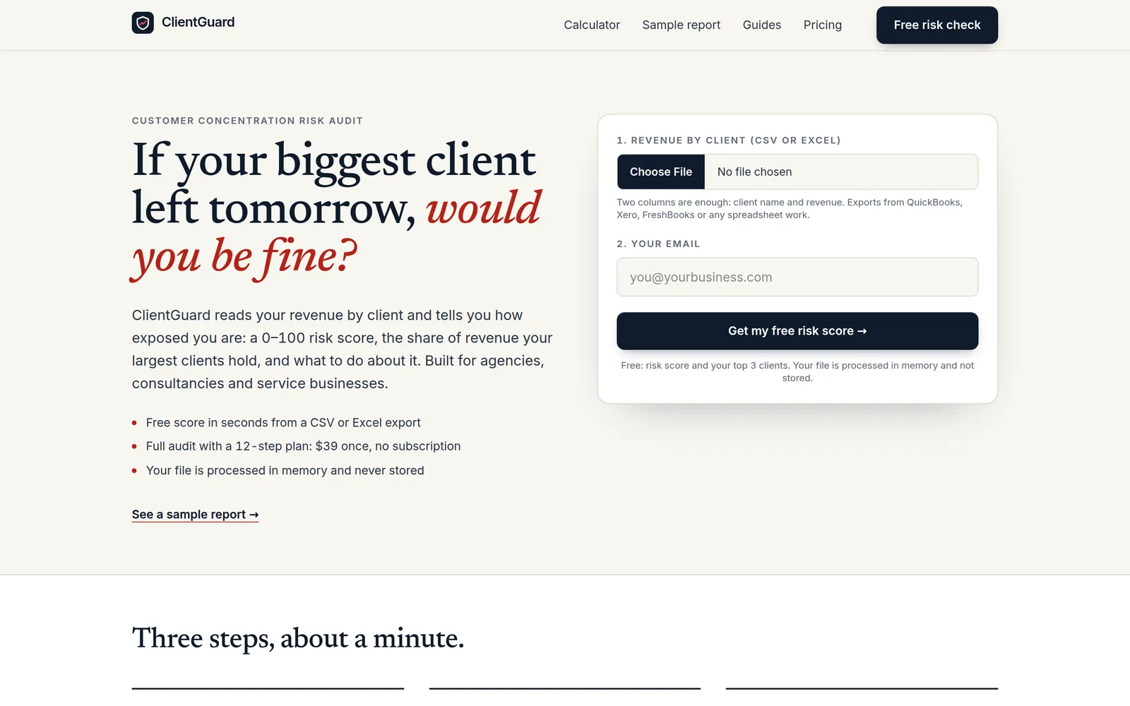 ClientGuard homepage with the free risk check next to the headline.